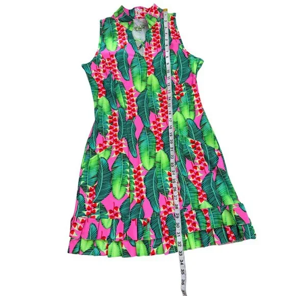 Tzu Tzu Sleeveless Dress Tropical Leaf Print Ruffle-Hem Green Pink USA Size S - Picture 6 of 7